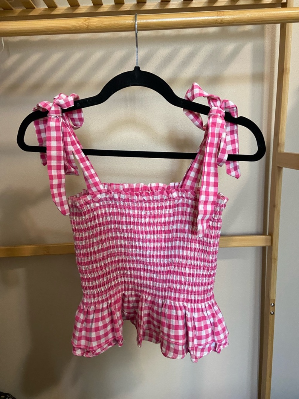 SHEIN Pink and White Gingham Smocked Crop Top with Adjustable Ties